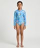 Biglilpeople Full Raglan Sleeves Floral Printed One Piece Swimsuit - Aqua Blue