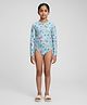 Biglilpeople Full Raglan Sleeves Butterflies Printed One Piece Swimsuit - Aqua Blue