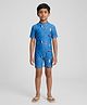 Biglilpeople Half Raglan Sleeves Sharks Printed One Piece Swimsuit - Blue