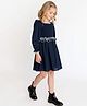 A Little Fable Linen Woven Full Puffed Sleeves Floral Embroidered Frill Detailed Dress - Navy Blue