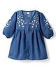 Babyhug Denim Woven Dress with Full Sleeves and Floral Embroidery in Blue