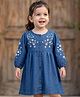 Babyhug Denim Woven Dress with Full Sleeves and Floral Embroidery in Blue