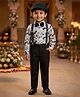 Rikidoos Cotton Woven Full Sleeves Printed Shirt & Trouser With Suspender, Cap & Bow -Light Grey & Black