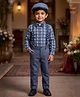 Rikidoos Cotton Woven Full Sleeves Checked Shirt & Trouser With Suspender, Cap & Bow - Grey & Blue