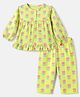 Babyhug Cotton Knit Full Sleeves Front Open Co- Ords Pyjama Night Suit With Floral Print - Yellow