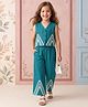AJ Dezines Pure Cotton Woven Sleeveless Lace Embellished Waistcoat Top & Palazzo Set - Firozi