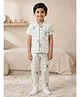 Nottie Planet Cotton Knit Half Sleeves Graph Checked & Fishes Printed Coordinating Shirt & Pajama Night Suit - White & Blue
