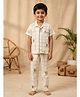 Nottie Planet Cotton Knit Half Sleeves Graph Checked & Fishes Printed Coordinating Shirt & Pajama Night Suit - White & Brown