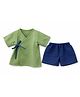 DULAAR Muslin Woven Half Sleeves Solid Angrakha & Shorts Set - Olive Green & Blue