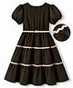 Hola Bonita Woven Half Sleeves Textured Dress and Belt Set - Dark Green