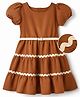 Hola Bonita Woven Tiered Dress and Belt with Half Puffed Sleeves and Rickrack Applique - Rust Orange
