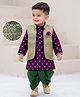 EARTHY TOUCH Brocade Woven Full Sleeves Printed Kurta & Dhoti Set With Jacket - Purple