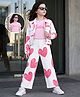 OLLINGTON ST. Cotton Blend Knit Jacket Top and Trouser With Full Sleeves and Heart Print in White & Pink