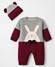 Yellow Apple Knit Rompers and Hat with Full Sleeves and Rabbit Applique in Maroon for 0-3 Months