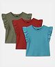 Kiggle Slub Jersey Knit Pack Of 3 Frill Sleeves Solid Tops - Red Grey & Blue