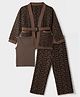 Yellow Apple Fleece Knit Full Sleeves Jacket, Tank Top and Trousers Winter Set with Geometric Monogram Design - Brown