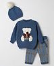 Yellow Apple Cotton Knit Full Sleeves Sweater Set WIth Cap & Bear Design - Blue