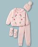 Yellow Apple Cotton Fleece Knit Full Sleeves Winter Wear Suits WIth Beanie Socks & Floral Embroidery - Baby PInk
