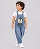 Little Surprise Box Denim Woven Sleeveless Bird Applique Detailed & Mild Washed Dungaree - Blue