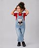Little Surprise Box Denim Woven Sleeveless Teddy Bear Applique Detailed & Mild Washed Dungaree - Blue