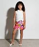 Taffykids Knit Sleeveless Ruched And Cutout Detail Top With Floral Printed Skirt Set - White & Pink