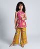 Taffykids Chanderi Woven Sleeveless Floral Print Halter Neck Back Tie Up Top With Full Length Pants - Mustard & Pink