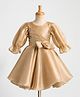 Enfance Cotton Mix Knit Three-Fourth Sleeves One Piece Party Frock With Bow Applique - Golden