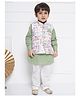 AJ Dezines Cotton Woven Full Sleeves Floral Foil Print Kurta Pajama Waistcoat Set - Green