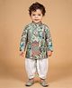ETHNIKS NEURON Cotton Woven Full Sleeves Kurta and Dhoti Set With Floral and Animal Scene Print - Light Green