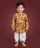 ETHNIKS NEURON Cotton Woven Full Sleeves Kurta and Dhoti Set With Floral and Animal Scene Print - Mustard