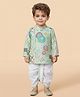 ETHNIKS NEURON Cotton Woven Full Sleeves Floral Printed Kurta & Dhoti Set - Aqua Blue