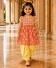 StyloBug Cotton Woven Half Sleeves Floral Printed Angarakha Style Kurti & Salwar Set - Orange