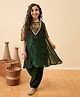 StyloBug Organza Woven Half Sleeves Lace Embellished Cut & Sew Detailed Floral Printed Kurti & Pyjama Set - Green