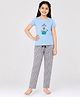 Ariel Pure Cotton Knit Half Sleeves Cat & Floral Printed Tee & Pajama Night Suit - Light Blue