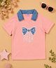 Cutecumber Cotton Knit Half Sleeves Bow Applique Detailed Beads Embellished Top - Peach