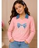 Cutecumber Cotton Knit Full Sleeves Bow Applique Detailed Beads Embellished Top - Peach