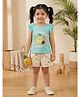 Nottie Planet Cotton Knit Frill Sleeves Floral & Summer Happy Text Printed Top & Shorts - Light Blue