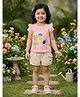 Nottie Planet Cotton Knit Frill Sleeves Floral & Summer Happy Text Printed Top & Shorts - Pink