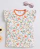 BABY NATION Cotton Knit Frill Sleeves Floral & Animals Printed Top - White