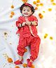 BownBee Pure Cotton Woven Three-Fourth Sleeves Printed Top & Churidar Set With Headband & Booties - Red
