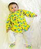 BownBee Pure Cotton Woven Full Sleeves Animal Printed Kurta Pajama With Booties Set - Yellow