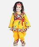 BownBee Cotton Mix Full Sleeves Embroidered Top & Dhoti Radha Dress With Mukut Bansuri & Belt - Yellow