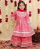 BownBee Pure Cotton Lurex Woven Three Fourth Sleeves Kurti Sharara & Dupatta Set With Lehariya Print & Lace Detailing - Red