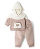 Mom's pet Fleece Knit Full Sleeves Bear Face Embroidered Hooded Pre Winter Sweatshirt & Joggers Set - Dark Pink