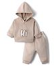 Mom's pet Fleece Knit Full Sleeves Hi Text Embroidered Hooded Pre Winter Sweatshirt & Joggers Set - Brown