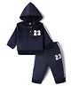 Mom's pet Fleece Knit Full Sleeves Numerical Patch Detailed Hooded Pre Winter Sweatshirt & Joggers Set - Blue