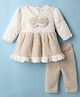 Mom's pet Fur Knit Full Sleeves Bow Detailed Pre Winter Dress With Leggings - Brown