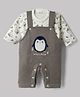 Mom's pet Fur Knit Penguin Patch Detailed Dungaree Style Winter Romper With Full Sleeves Printed Tee - Grey