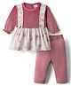 Mom's Pet Velvet Knit Full Sleeves Floral Printed Winter Pinafore Dress With Leggings - Pink