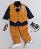 Lil' Homies Cotton Blend Woven Full Sleeves Solid Shirt & Pant Set With Typography Printed Waistcoat & Bow - Yellow